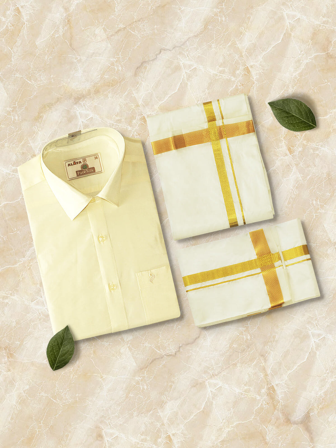 Aayush Pure Silk Cream 3 IN 1 Set - Velvet Box Packing (Pure Silks Readymade Shirt, Dhoti & Towel)