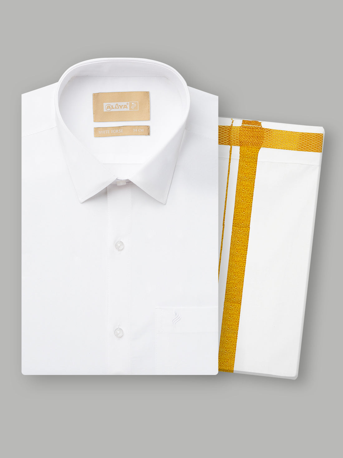 Culture Trendy  Peral White Shirt & Gold Jari Velcro Dhoti 2.0 Mtr ( Pocket Dhoti )