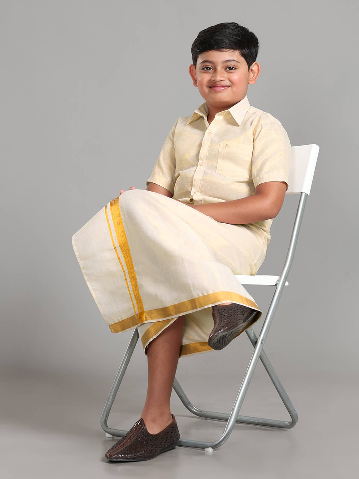 Alaya Cotton Kids Kondattam Readymade Dhoti & Shirt Set - Gold