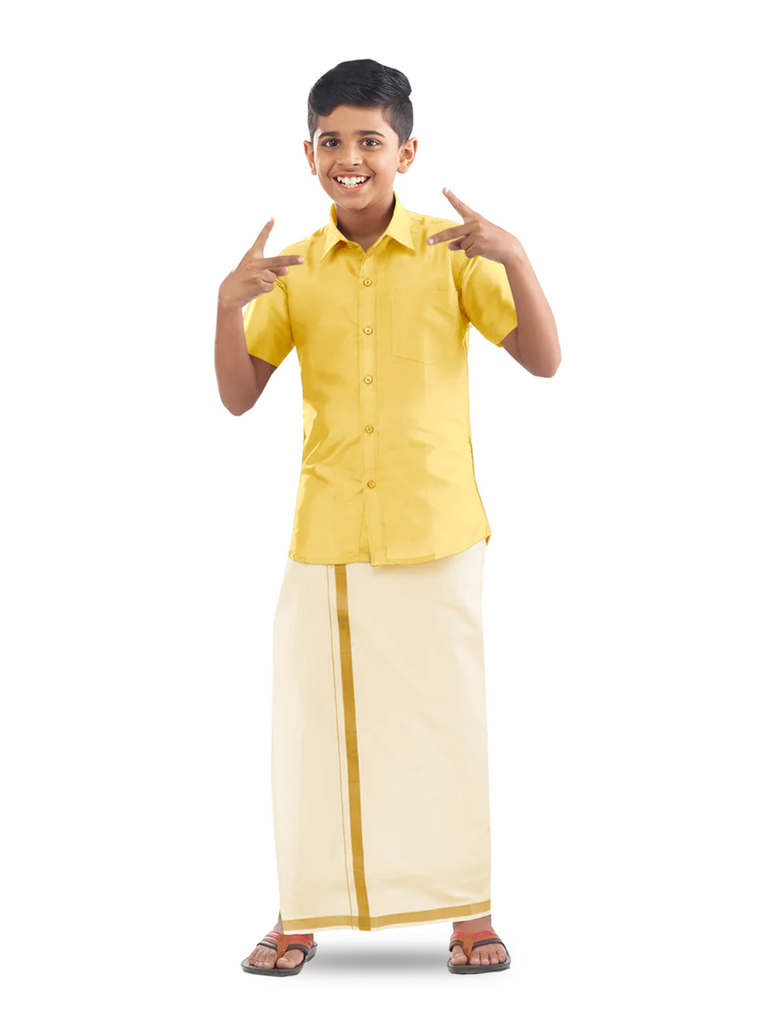 Veera Soora Kids Readymade Dhoti & Shirt Set - Bright Gold