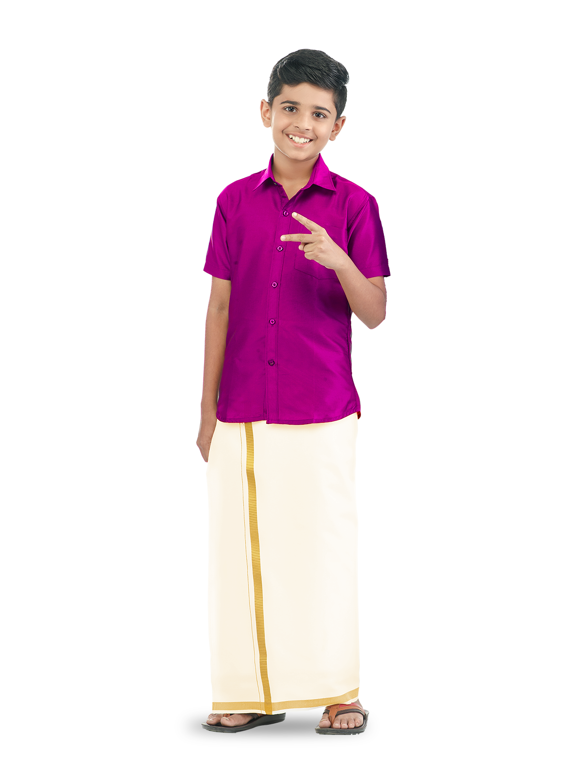 Veera Soora Kids Readymade Dhoti & Shirt Set - Dark Pink