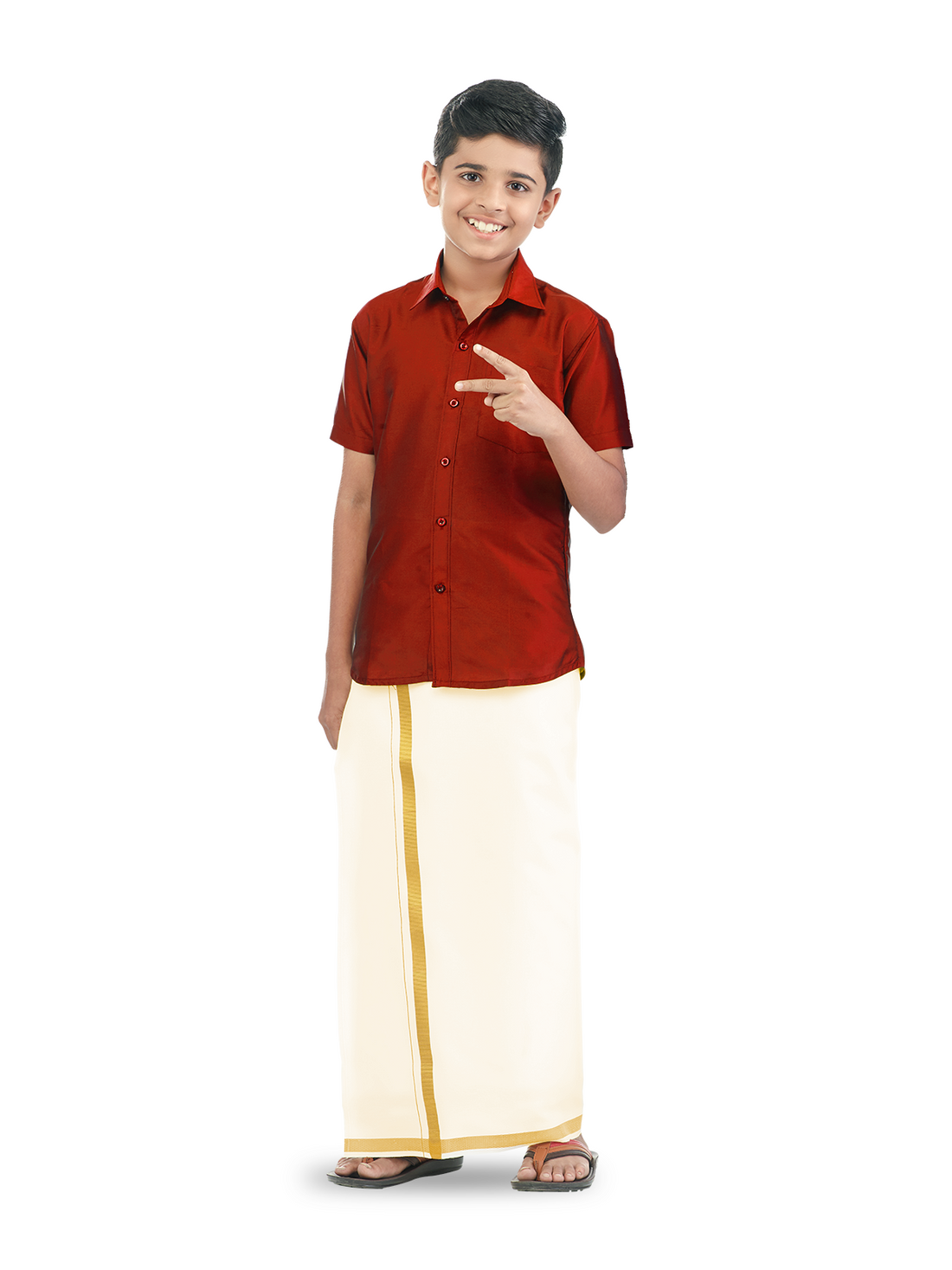 Veera Soora Kids Readymade Dhoti & Shirt Set - Red Tear