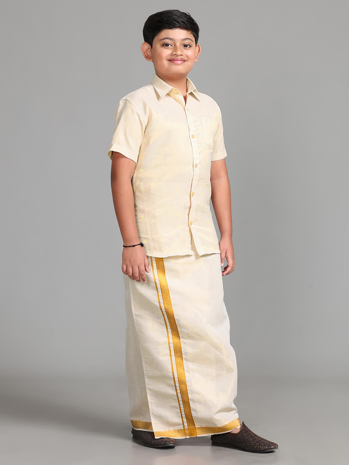 Alaya Cotton Kids Kondattam Readymade Dhoti & Shirt Set - Gold