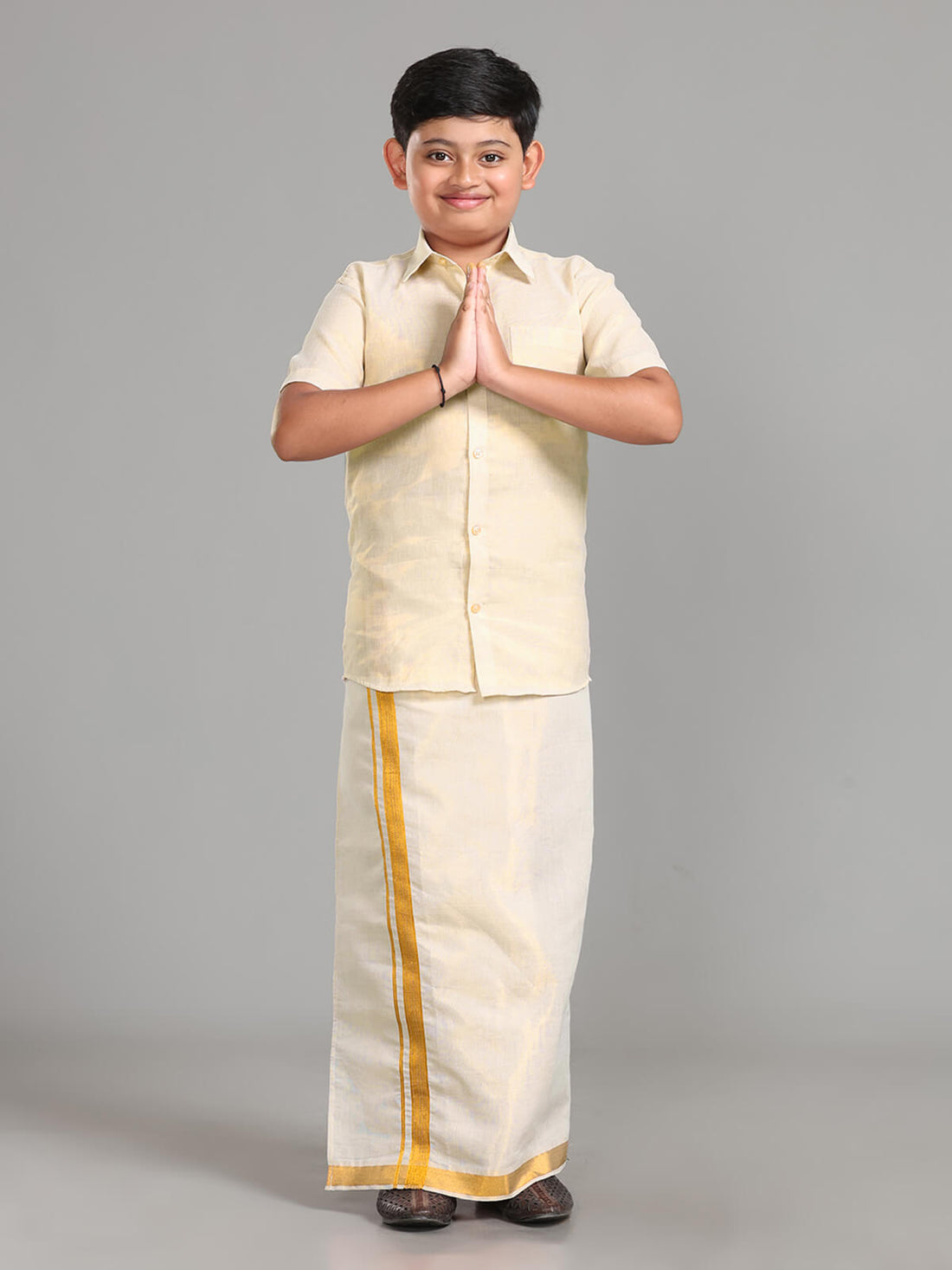 Alaya Cotton Kids Kondattam Readymade Dhoti & Shirt Set - Gold