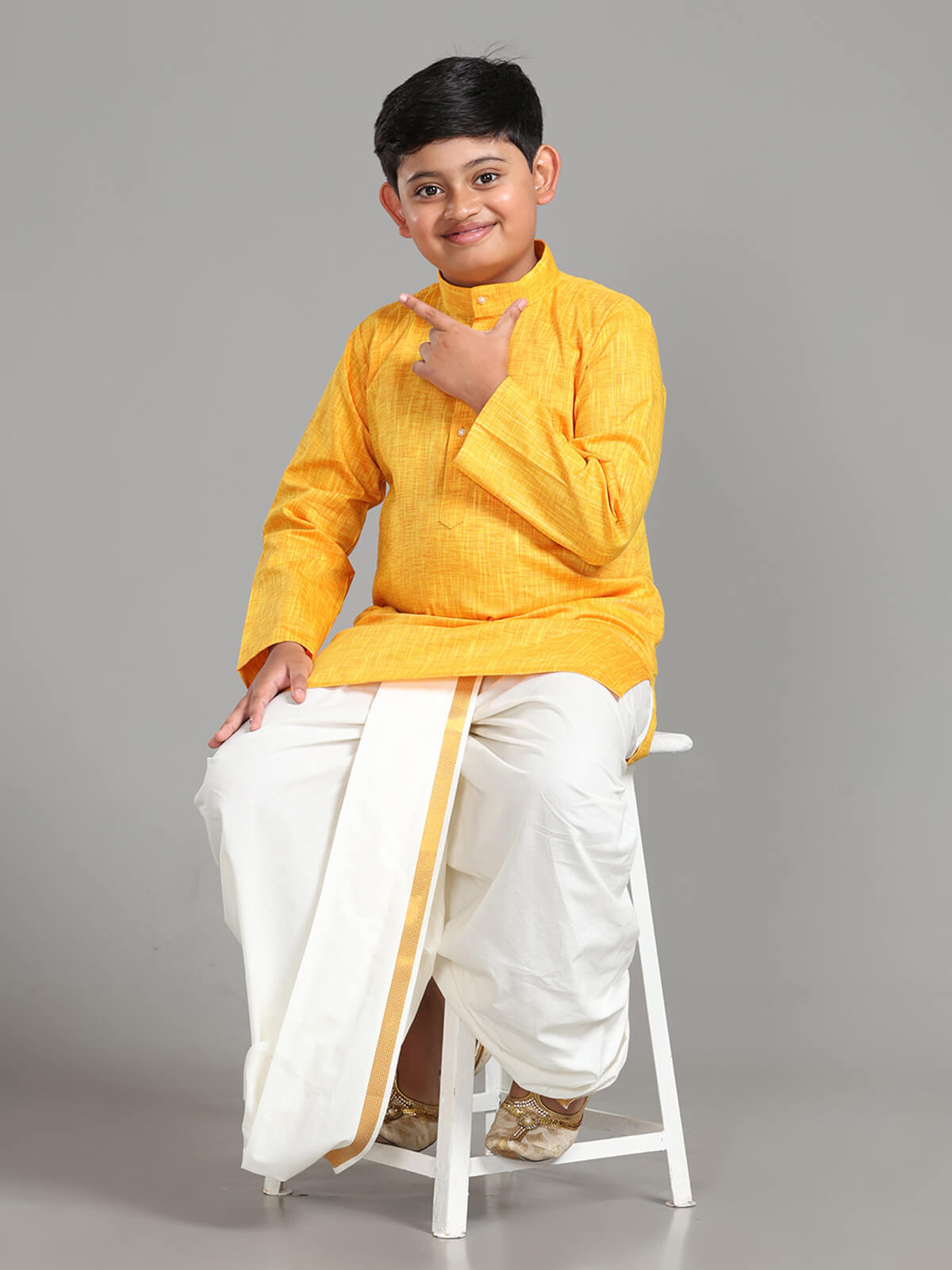 Junior Readymade Panchakacham Dhoti & Kurta Set - Gold Fusion