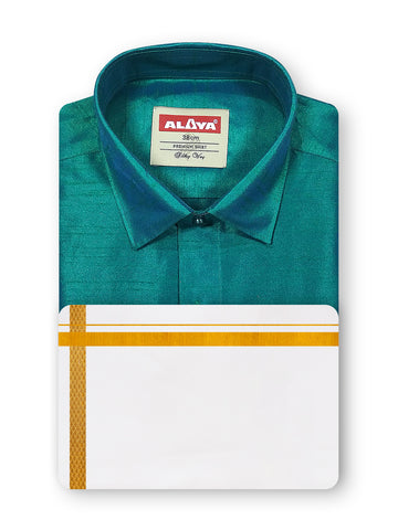 Silky Way Shirt & Jari Dhoti Set - Green