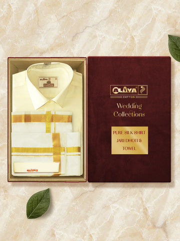 Aayush Pure Silk Cream 3 IN 1 Set - Velvet Box Packing (Pure Silks Readymade Shirt, Dhoti & Towel)