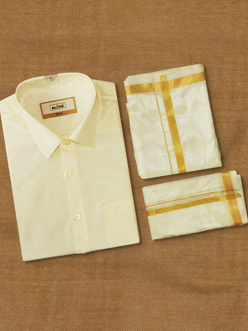 Silks Feel Jari Cream 3 IN 1 - 30K Border (Readymade Shirt, Dhoti & Towel)